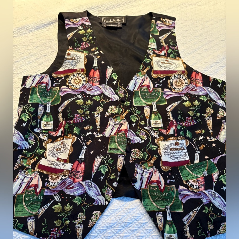 Vintage 80s Nicole Miller Vest Silk Korbel 🍾 Champagne 🥂 Silk Buttons Large
